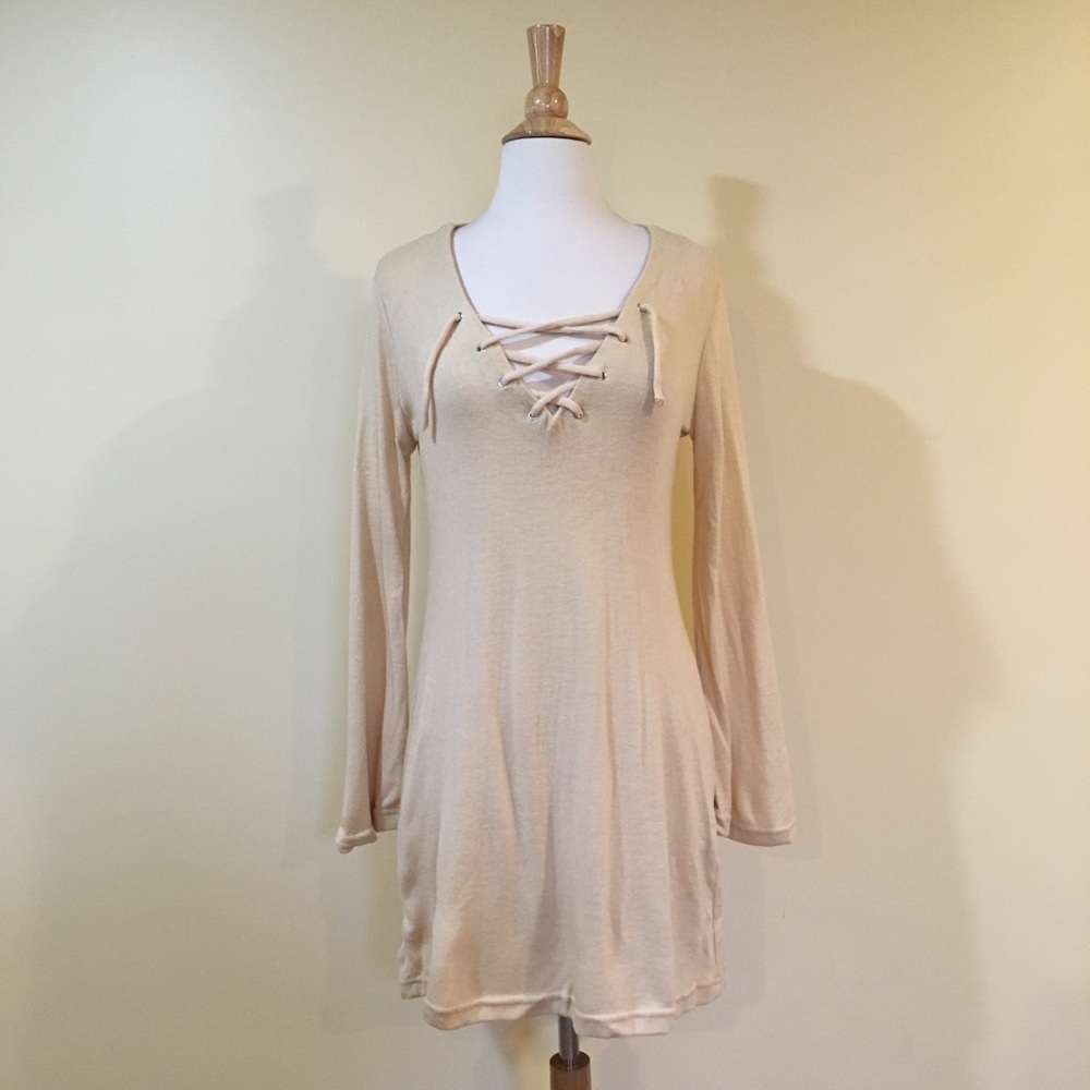 Lace Up V Neck Bell Sleeve Knit Sweater Dress Sand Beige - Picture 4 of 4